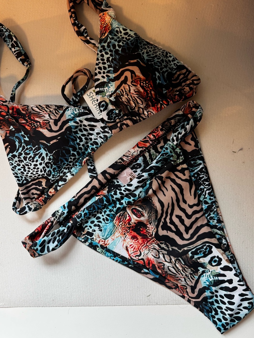 Shekini: Printed Blue Animal-Print Triangle Bikini. Size XS
